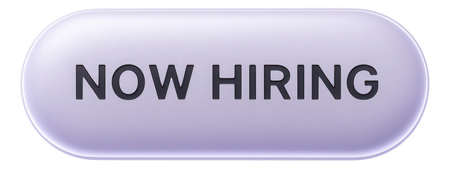 Fototapeta premium Glossy oval sticker with NOW HIRING announcement in bold lettering, engaging retail job promotion on transparent background.