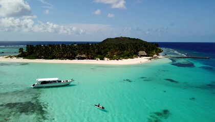 Obraz premium A pristine tropical island paradise boasts a beautiful white-sand beach, turquoise water, and a luxurious yacht.