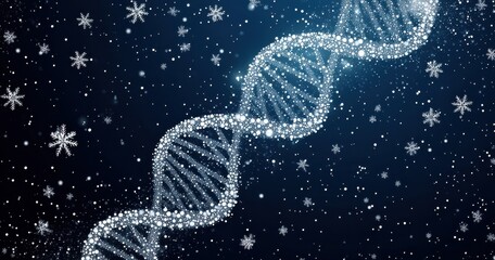 Digital snowflakes falling against a dark blue background with a bright white spiral design, representing a mesmerizing winter wonderland. 