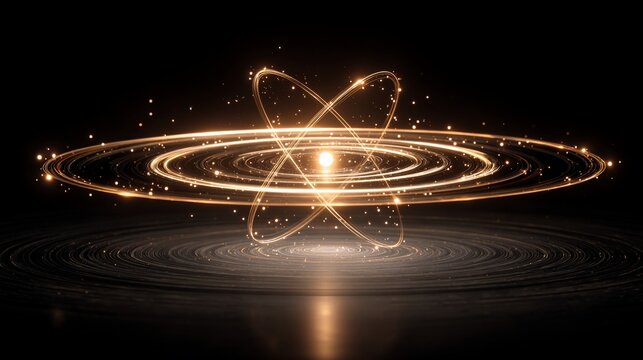 Abstract glowing rings orbit a central sphere, dark background with reflections