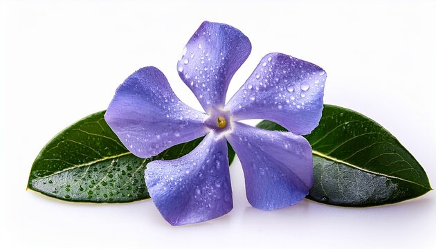 close up of fresh periwinkle flower with dew drops isolated on white background - Powered by Adobe