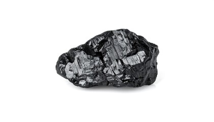 Close-up of a dark piece of coal, showcasing its textured surface and rich black color against a plain white background.