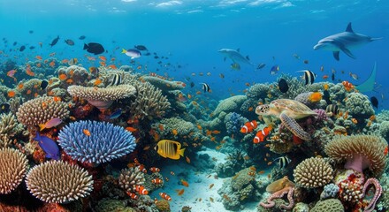 Naklejka premium Vibrant Tropical Coral Reef Ecosystem Teeming with Colorful Fish, Sea Turtle, and Dolphin in Clear Blue Ocean Water.