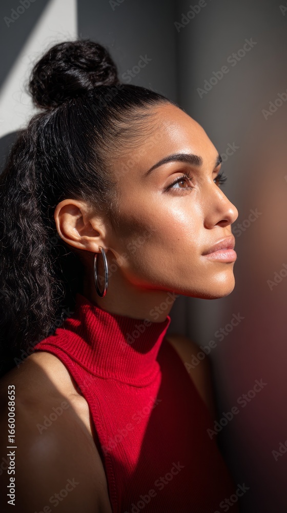 Poster silhouette of a female model in a minimalist setting capturing soft light and elegant features durin