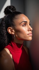 Silhouette of a female model in a minimalist setting capturing soft light and elegant features during a serene moment