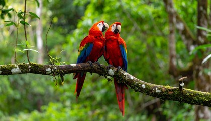 A pair of scarlet macaws perched on a rainforest tree branch, displaying vibrant feathers against a lush jungle backdrop, illuminated by soft diffused sunlight, detailed and sharp