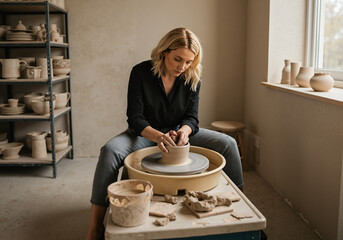 Young woman shaping pottery at wheel in studio with natural light