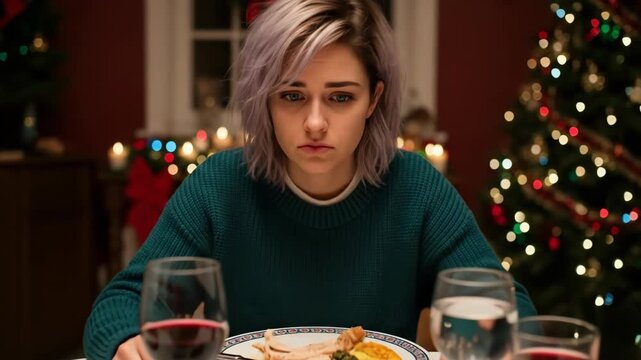 A sad and lonely queer lgtb young woman with purple hair feels depressed and isolated during a difficult christmas holiday dinner with her family

