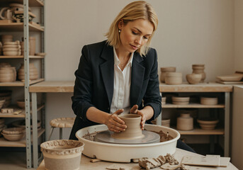 Young woman crafting pottery at a wheel in a studio