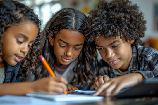 Smiling mother helps her children with homework at a table, as the kids draw and write together using colored pencils, with a tablet nearby. - Powered by Adobe
