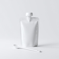 White Baby Food or Snack Pouch Mockup with Spoon