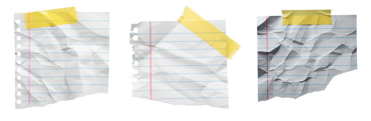 Collection of  a torn piece of lined papers, slightly crumpled, secured with a piece of yellow sticky tape to a white background
