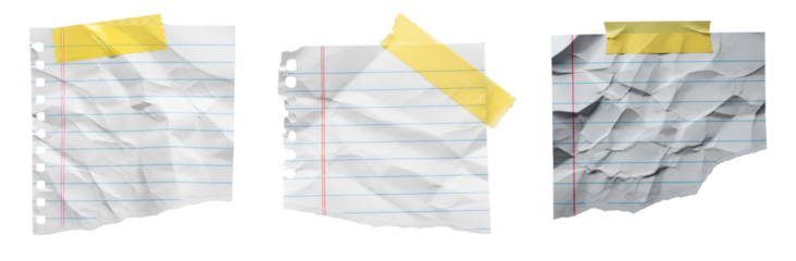 Collection of  a torn piece of lined papers, slightly crumpled, secured with a piece of yellow sticky tape to a white background