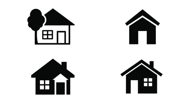 Four different black and white house icons on a plain white background