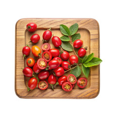 Freshly harvested ripe tomatoes on wooden serving tray top view image