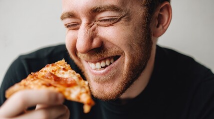 Happy Man Enjoys a Slice of Pizza, Food Delight