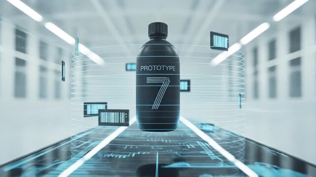 Futuristic Prototype Bottle with Barcodes and Number Seven in a Modern Setting