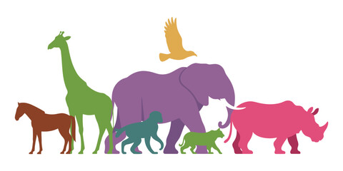 Colorful silhouettes of diverse animals—horse, giraffe, monkey, elephant, bird, rhino—symbolizing biodiversity, wildlife, and nature unity