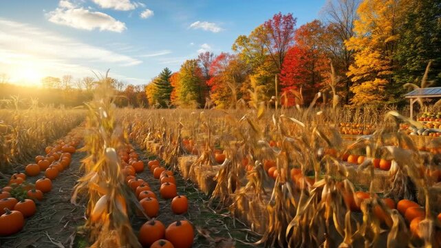 A beautiful pumpkin patch at a farm is ready for harvest with rows of orange pumpkins on the ground under a golden sunset in the autumn

