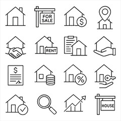 Fototapeta premium Real estate line icon set. Buying, selling and renting a house. Mortgages and housing loans. Outline vector icon in linear style. Pictogram collection