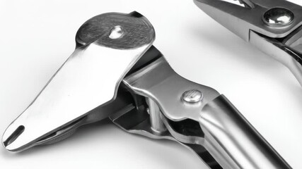 Close-up of polished steel garlic press with removable perforated inserts and accompanying serrated-jawed pliers, both on a white background - Powered by Adobe