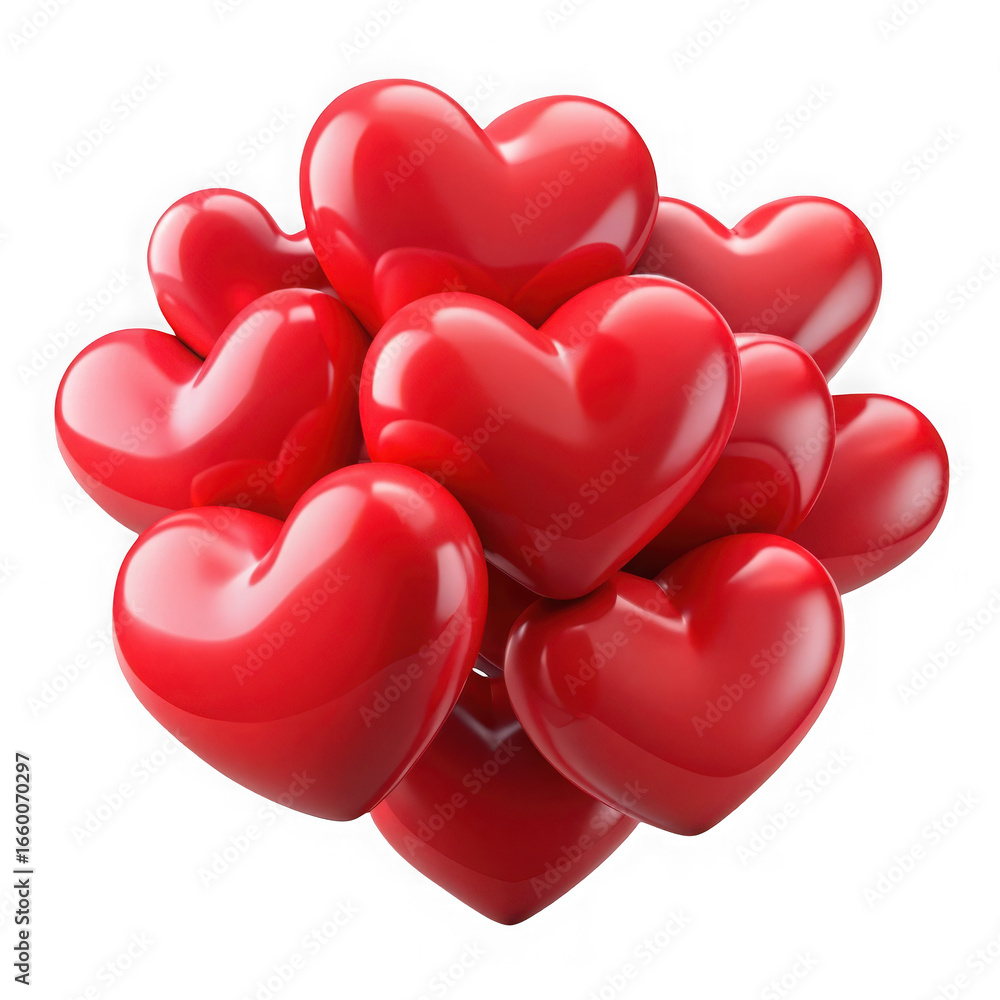 Poster cluster of shiny red hearts isolated on transparent background