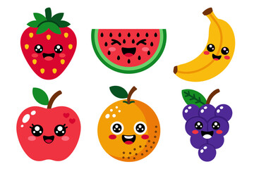 Cute fruits set vector, strawberry watermelon banana apple orange grape, kawaii faces, bright colors, kids stickers, healthy food theme, white background, cartoon illustration, for printables