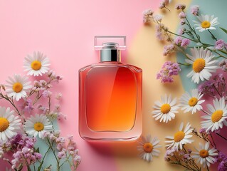 A bottle of perfume on a pastel-colored background with daisies and flowers.