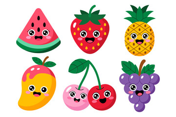 Summer fruits vector, watermelon pineapple lemon cherries grapes, kawaii faces, fresh palette, white background, kids stickers, healthy snack, cute clipart, market poster design, for printing