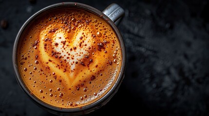 Top-Down Heart Latte Art on Black Background with Professional Lighting and Bokeh Effect
