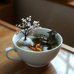 A porcelain tea cup hides a whole world depicting a pond with fish, a bridge, a cherry blossom, a house.