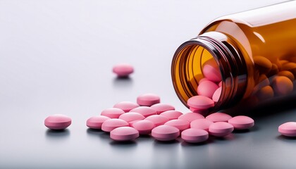 pink pills spilling from prescription bottle medication health concept