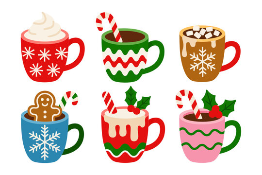 Winter cocoa mugs set, hot chocolate cups, whipped cream marshmallow candy cane holly, cozy Christmas drink, festive illustration, warm beverage vector, seasonal kitchen decor icons