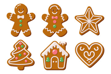 Gingerbread cookie set, man woman star tree house heart, icing decorated bakery, sweet Christmas treats, holiday dessert vector, cute kitchen clipart, festive baking elements