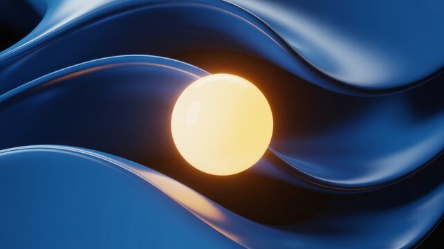 Abstract Digital Art Glowing Orb Amidst Flowing Blue Waves
