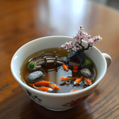 A porcelain tea cup hides a whole world depicting a pond with fish, a bridge, a cherry blossom, a house.