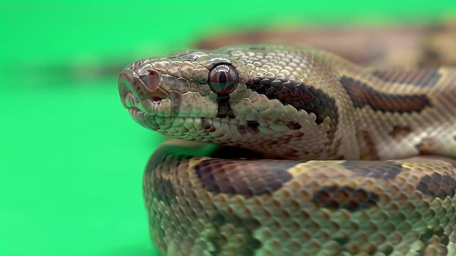 Close-up of a patterned snake's head and body with detailed scales and eyes, set against a vibrant green background.