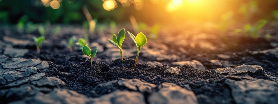 Tiny green shoots emerge from cracked earth, bathed in sunlight
