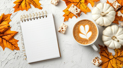 Autumn concept with flat lay of blank notebook surrounded by orange leaves white pumpkin and coffee cup with latte art creating warm cozy mood