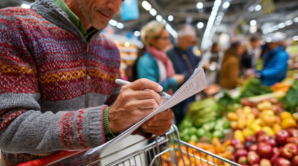 Midsection of senior man writing on paper at grocery store during shopping