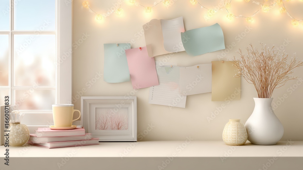 Poster Vibrant Workspace with Gantt Chart Planning Notes and Soft Tones for Productive Environment