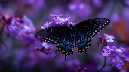 Black Swallowtail butterfly with a blue and orange pattern on its wings, perched on the center of delicate light purple flowers, macro photography, natural lighting