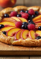 Peach and Berry Summer Tart on Wooden Board