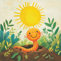 Cheerful cartoon worm beneath a bright sun in a lush garden setting