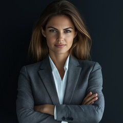 Confident businesswoman in a suit showcasing professional demeanor