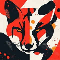 Abstract depiction of a fox's face in red and black hues