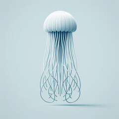 A serene, minimalist depiction of a translucent jellyfish gracefully floating in a calm blue ocean, evoking tranquility