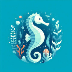 Fototapeta premium A serene underwater scene featuring a stylized seahorse amidst vibrant aquatic plants and bubbles