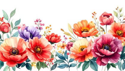 A vibrant arrangement of colorful flowers in a watercolor style, featuring a mix of reds, oranges, pinks, and purples, accented by lush greenery, creates a cheerful and artistic display.