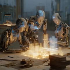 Futuristic robots analyzing a glowing city model in a modern workspace
